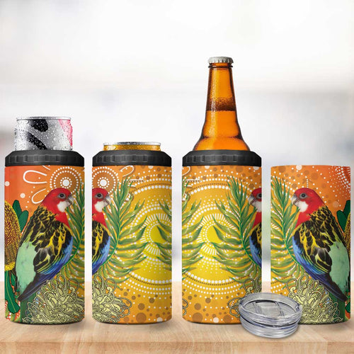 Eastern Rosella Australia 4 in 1 Can Cooler Tumbler Banksia Aboriginal Art - Aussie Hoodie