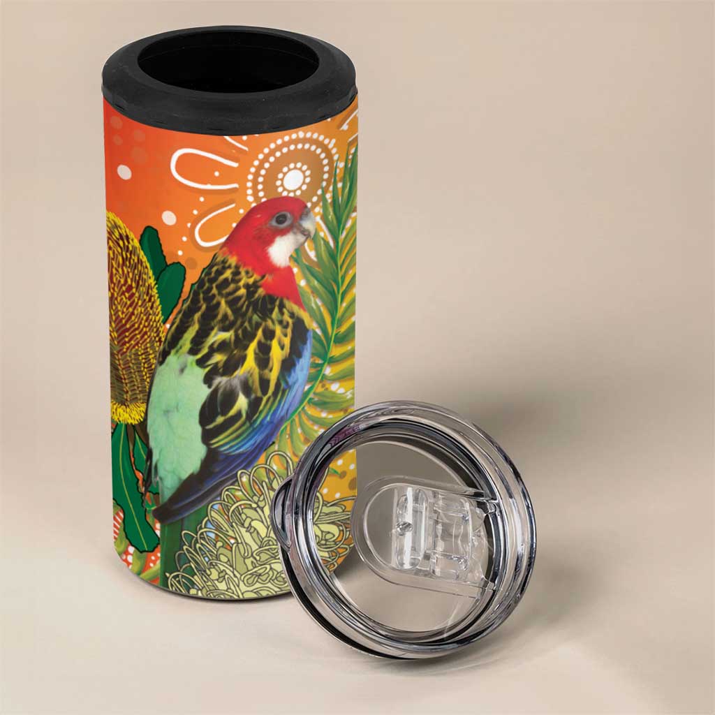 Eastern Rosella Australia 4 in 1 Can Cooler Tumbler Banksia Aboriginal Art - Aussie Hoodie