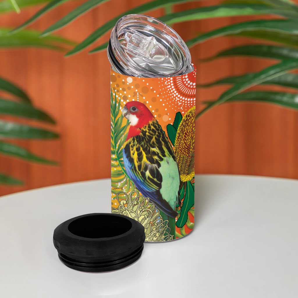 Eastern Rosella Australia 4 in 1 Can Cooler Tumbler Banksia Aboriginal Art - Aussie Hoodie