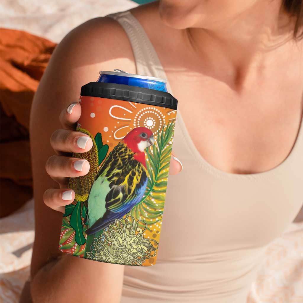 Eastern Rosella Australia 4 in 1 Can Cooler Tumbler Banksia Aboriginal Art - Aussie Hoodie