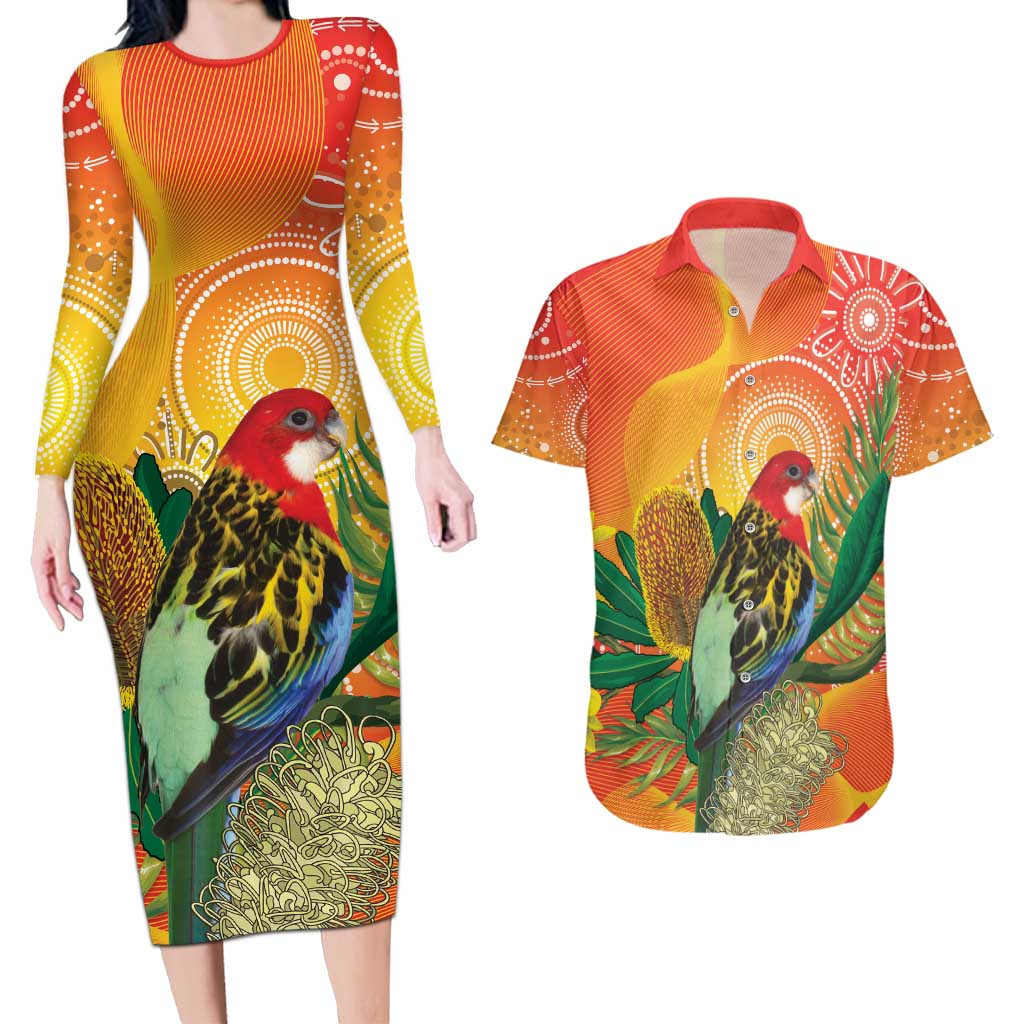 Eastern Rosella Australia Couples Matching Long Sleeve Bodycon Dress and Hawaiian Shirt Banksia Aboriginal Art - Aussie Hoodie