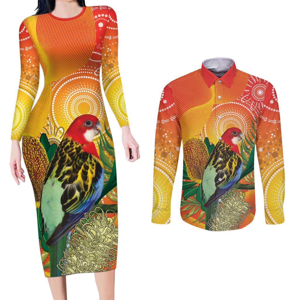 Eastern Rosella Australia Couples Matching Long Sleeve Bodycon Dress and Long Sleeve Button Shirt Banksia Aboriginal Art - Aussie Hoodie