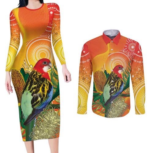 Eastern Rosella Australia Couples Matching Long Sleeve Bodycon Dress and Long Sleeve Button Shirt Banksia Aboriginal Art - Aussie Hoodie