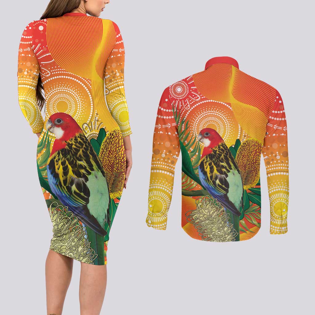 Eastern Rosella Australia Couples Matching Long Sleeve Bodycon Dress and Long Sleeve Button Shirt Banksia Aboriginal Art - Aussie Hoodie