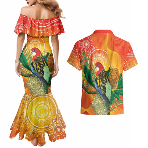 Eastern Rosella Australia Couples Matching Mermaid Dress and Hawaiian Shirt Banksia Aboriginal Art - Aussie Hoodie
