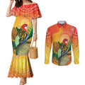 Eastern Rosella Australia Couples Matching Mermaid Dress and Long Sleeve Button Shirt Banksia Aboriginal Art - Aussie Hoodie