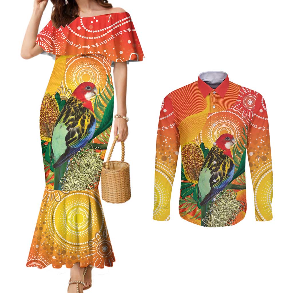Eastern Rosella Australia Couples Matching Mermaid Dress and Long Sleeve Button Shirt Banksia Aboriginal Art - Aussie Hoodie