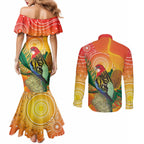 Eastern Rosella Australia Couples Matching Mermaid Dress and Long Sleeve Button Shirt Banksia Aboriginal Art - Aussie Hoodie