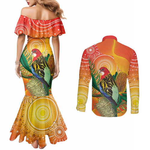 Eastern Rosella Australia Couples Matching Mermaid Dress and Long Sleeve Button Shirt Banksia Aboriginal Art - Aussie Hoodie