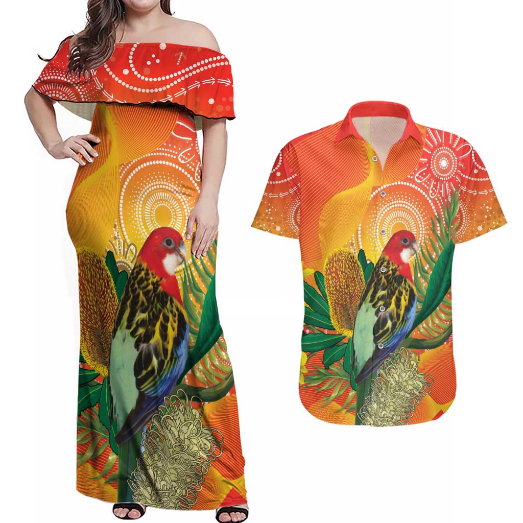 Eastern Rosella Australia Couples Matching Off Shoulder Maxi Dress and Hawaiian Shirt Banksia Aboriginal Art - Aussie Hoodie