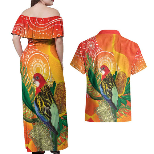 Eastern Rosella Australia Couples Matching Off Shoulder Maxi Dress and Hawaiian Shirt Banksia Aboriginal Art - Aussie Hoodie