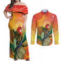 Eastern Rosella Australia Couples Matching Off Shoulder Maxi Dress and Long Sleeve Button Shirt Banksia Aboriginal Art - Aussie Hoodie