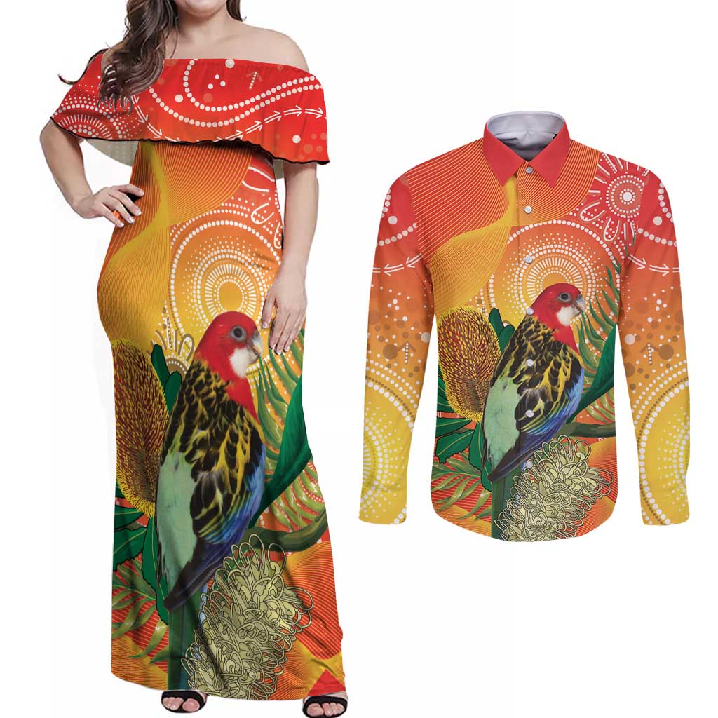Eastern Rosella Australia Couples Matching Off Shoulder Maxi Dress and Long Sleeve Button Shirt Banksia Aboriginal Art - Aussie Hoodie