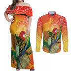 Eastern Rosella Australia Couples Matching Off Shoulder Maxi Dress and Long Sleeve Button Shirt Banksia Aboriginal Art - Aussie Hoodie