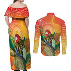 Eastern Rosella Australia Couples Matching Off Shoulder Maxi Dress and Long Sleeve Button Shirt Banksia Aboriginal Art - Aussie Hoodie