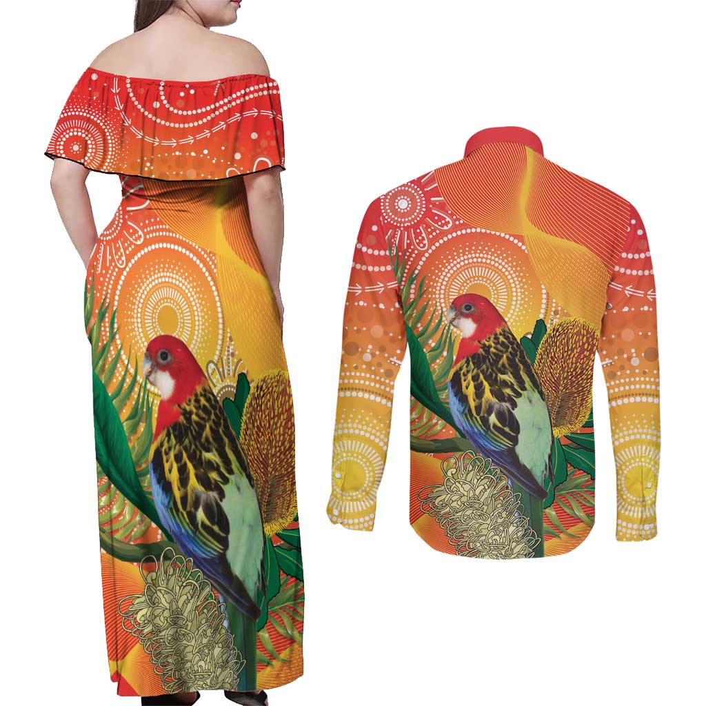 Eastern Rosella Australia Couples Matching Off Shoulder Maxi Dress and Long Sleeve Button Shirt Banksia Aboriginal Art - Aussie Hoodie