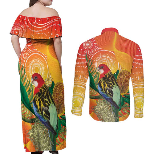 Eastern Rosella Australia Couples Matching Off Shoulder Maxi Dress and Long Sleeve Button Shirt Banksia Aboriginal Art - Aussie Hoodie