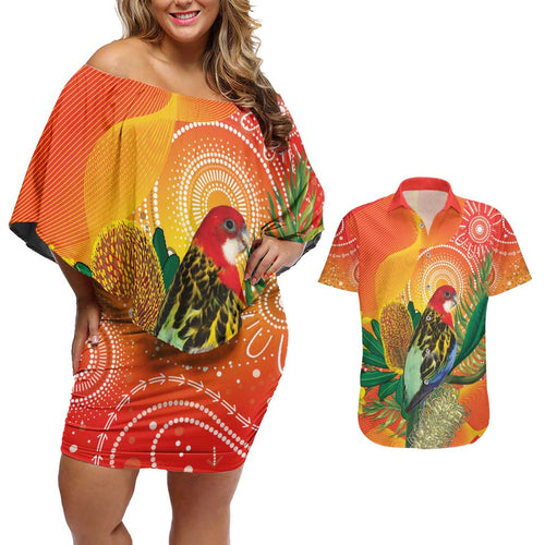 Eastern Rosella Australia Couples Matching Off Shoulder Short Dress and Hawaiian Shirt Banksia Aboriginal Art - Aussie Hoodie