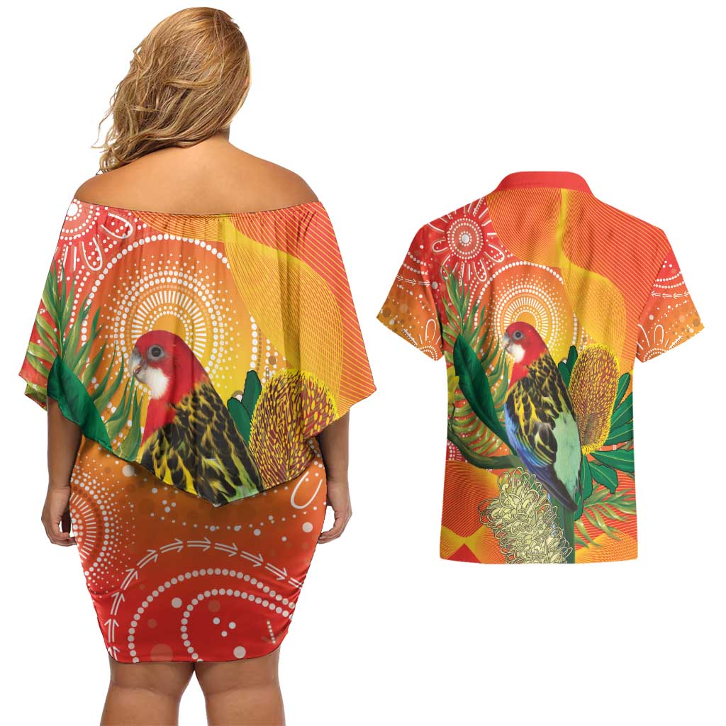 Eastern Rosella Australia Couples Matching Off Shoulder Short Dress and Hawaiian Shirt Banksia Aboriginal Art - Aussie Hoodie