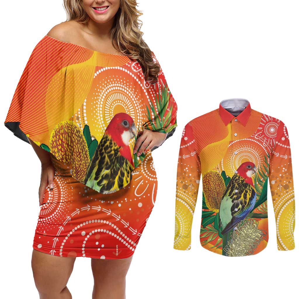 Eastern Rosella Australia Couples Matching Off Shoulder Short Dress and Long Sleeve Button Shirt Banksia Aboriginal Art - Aussie Hoodie