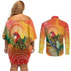 Eastern Rosella Australia Couples Matching Off Shoulder Short Dress and Long Sleeve Button Shirt Banksia Aboriginal Art - Aussie Hoodie