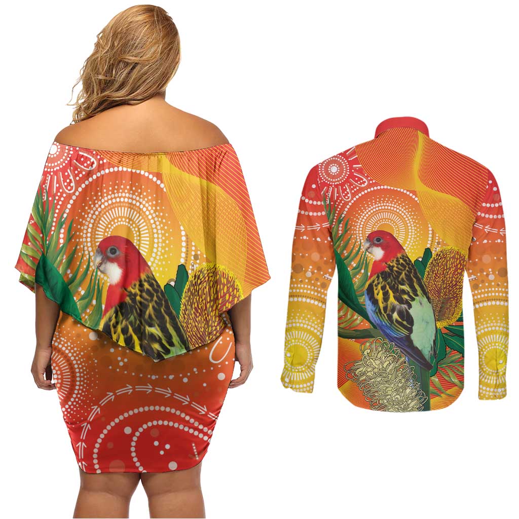 Eastern Rosella Australia Couples Matching Off Shoulder Short Dress and Long Sleeve Button Shirt Banksia Aboriginal Art - Aussie Hoodie