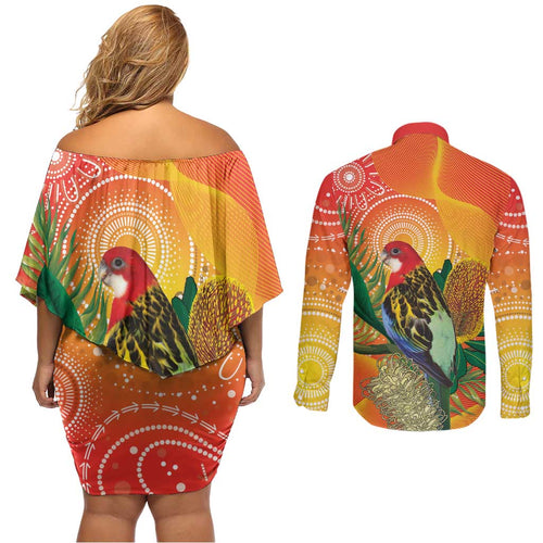 Eastern Rosella Australia Couples Matching Off Shoulder Short Dress and Long Sleeve Button Shirt Banksia Aboriginal Art - Aussie Hoodie
