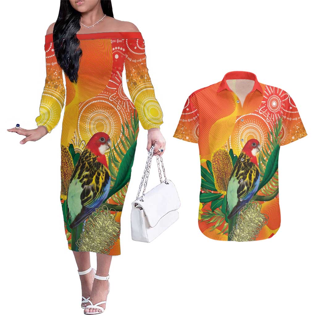 Eastern Rosella Australia Couples Matching Off The Shoulder Long Sleeve Dress and Hawaiian Shirt Banksia Aboriginal Art - Aussie Hoodie