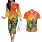Eastern Rosella Australia Couples Matching Off The Shoulder Long Sleeve Dress and Hawaiian Shirt Banksia Aboriginal Art - Aussie Hoodie