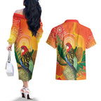 Eastern Rosella Australia Couples Matching Off The Shoulder Long Sleeve Dress and Hawaiian Shirt Banksia Aboriginal Art - Aussie Hoodie