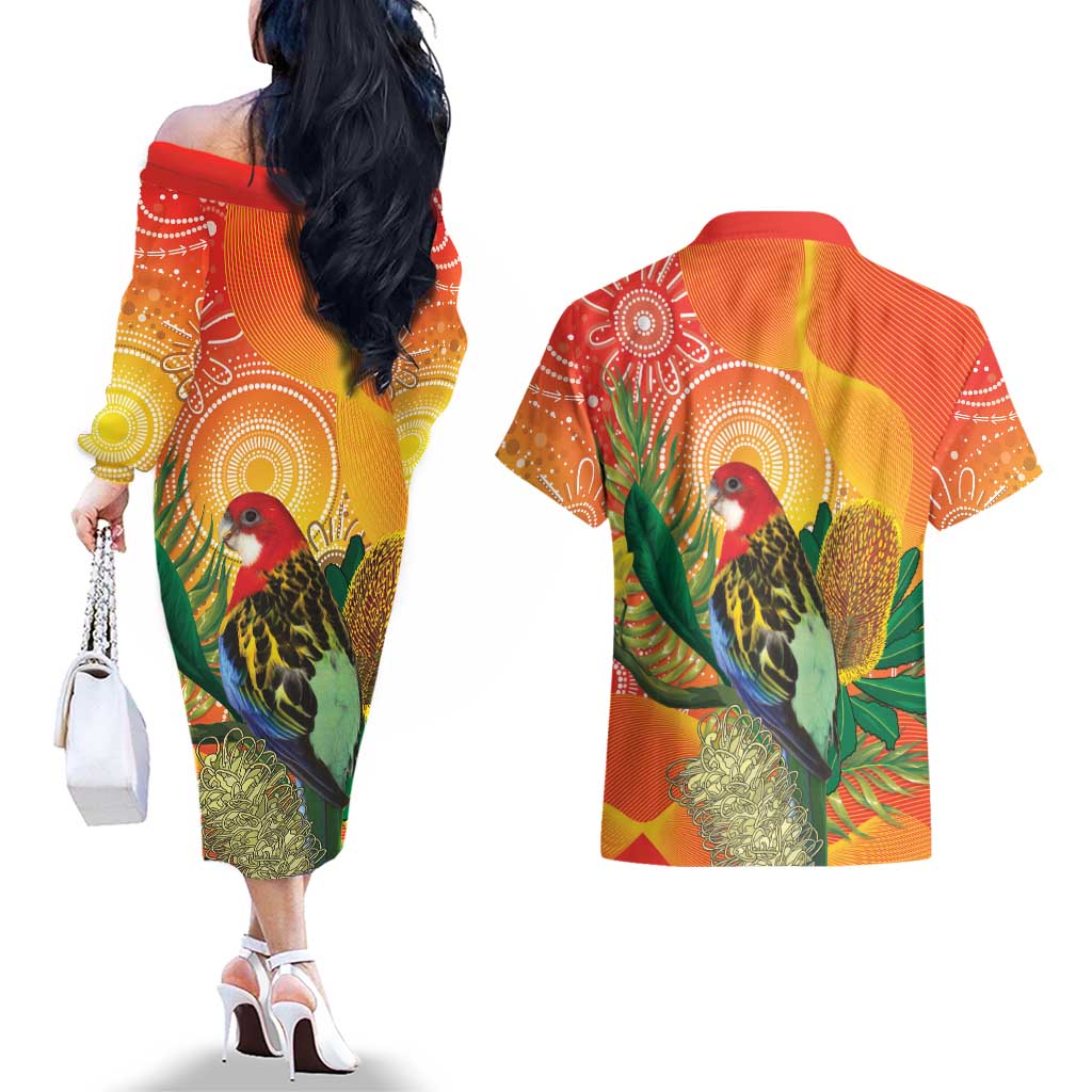 Eastern Rosella Australia Couples Matching Off The Shoulder Long Sleeve Dress and Hawaiian Shirt Banksia Aboriginal Art - Aussie Hoodie