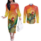 Eastern Rosella Australia Couples Matching Off The Shoulder Long Sleeve Dress and Long Sleeve Button Shirt Banksia Aboriginal Art - Aussie Hoodie