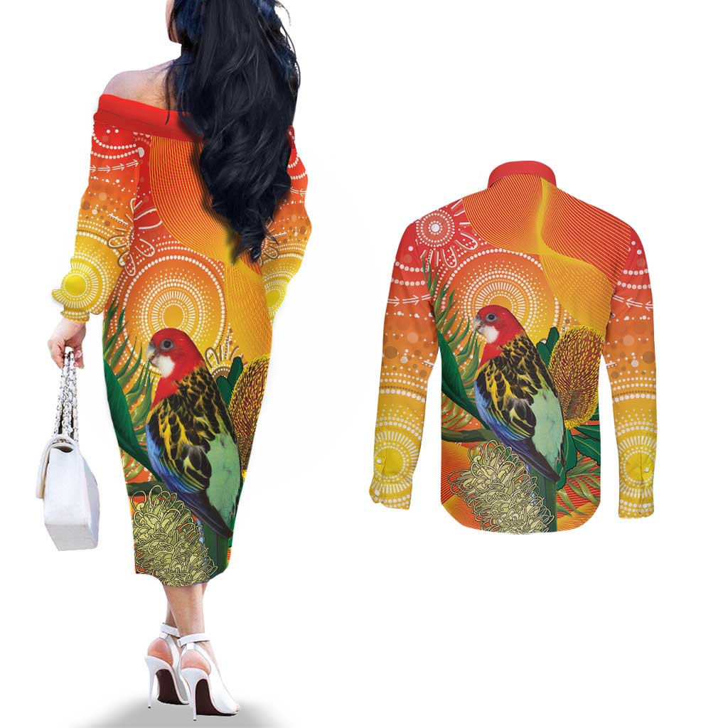Eastern Rosella Australia Couples Matching Off The Shoulder Long Sleeve Dress and Long Sleeve Button Shirt Banksia Aboriginal Art - Aussie Hoodie