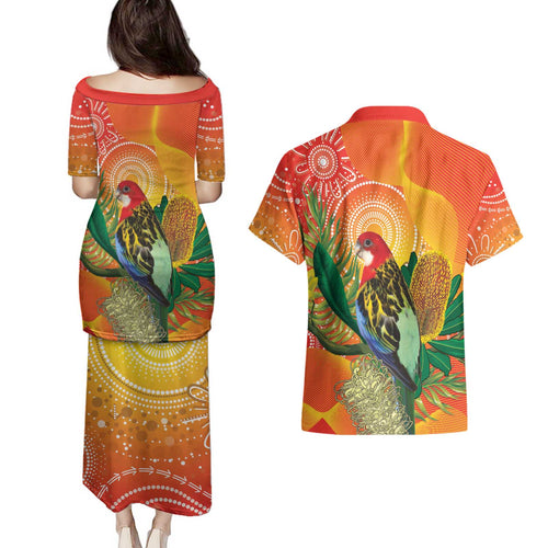 Eastern Rosella Australia Couples Matching Puletasi and Hawaiian Shirt Banksia Aboriginal Art - Aussie Hoodie