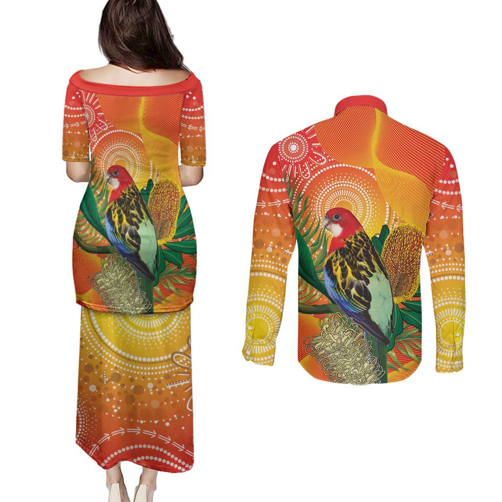 Eastern Rosella Australia Couples Matching Puletasi and Long Sleeve Button Shirt Banksia Aboriginal Art - Aussie Hoodie