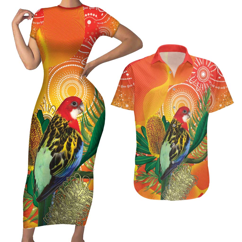 Eastern Rosella Australia Couples Matching Short Sleeve Bodycon Dress and Hawaiian Shirt Banksia Aboriginal Art - Aussie Hoodie
