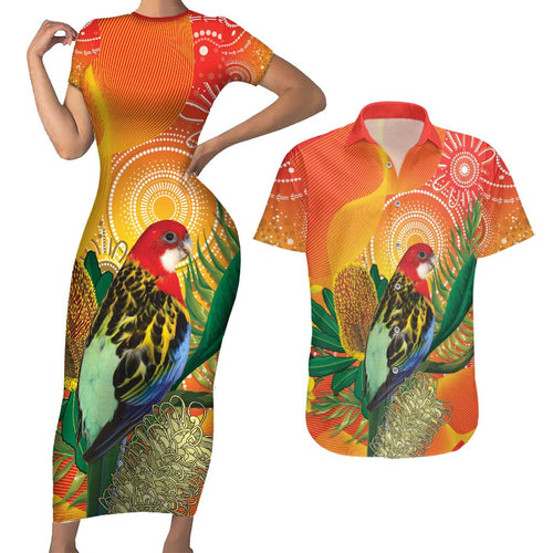 Eastern Rosella Australia Couples Matching Short Sleeve Bodycon Dress and Hawaiian Shirt Banksia Aboriginal Art - Aussie Hoodie
