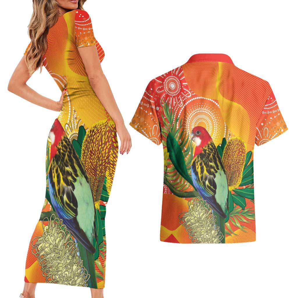 Eastern Rosella Australia Couples Matching Short Sleeve Bodycon Dress and Hawaiian Shirt Banksia Aboriginal Art - Aussie Hoodie