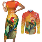 Eastern Rosella Australia Couples Matching Short Sleeve Bodycon Dress and Long Sleeve Button Shirt Banksia Aboriginal Art - Aussie Hoodie