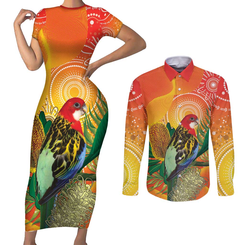 Eastern Rosella Australia Couples Matching Short Sleeve Bodycon Dress and Long Sleeve Button Shirt Banksia Aboriginal Art - Aussie Hoodie