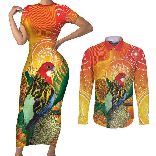 Eastern Rosella Australia Couples Matching Short Sleeve Bodycon Dress and Long Sleeve Button Shirt Banksia Aboriginal Art - Aussie Hoodie