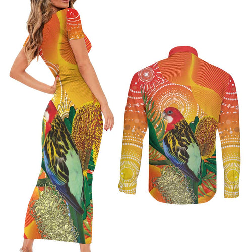Eastern Rosella Australia Couples Matching Short Sleeve Bodycon Dress and Long Sleeve Button Shirt Banksia Aboriginal Art - Aussie Hoodie