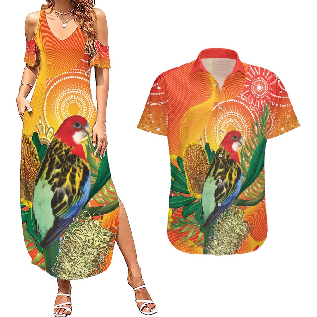 Eastern Rosella Australia Couples Matching Summer Maxi Dress and Hawaiian Shirt Banksia Aboriginal Art - Aussie Hoodie