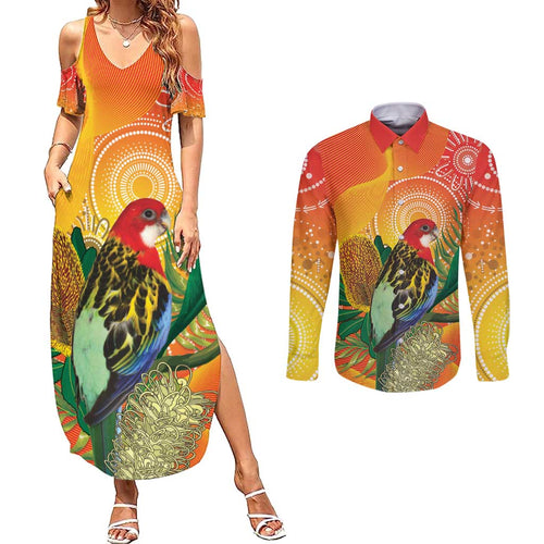 Eastern Rosella Australia Couples Matching Summer Maxi Dress and Long Sleeve Button Shirt Banksia Aboriginal Art - Aussie Hoodie