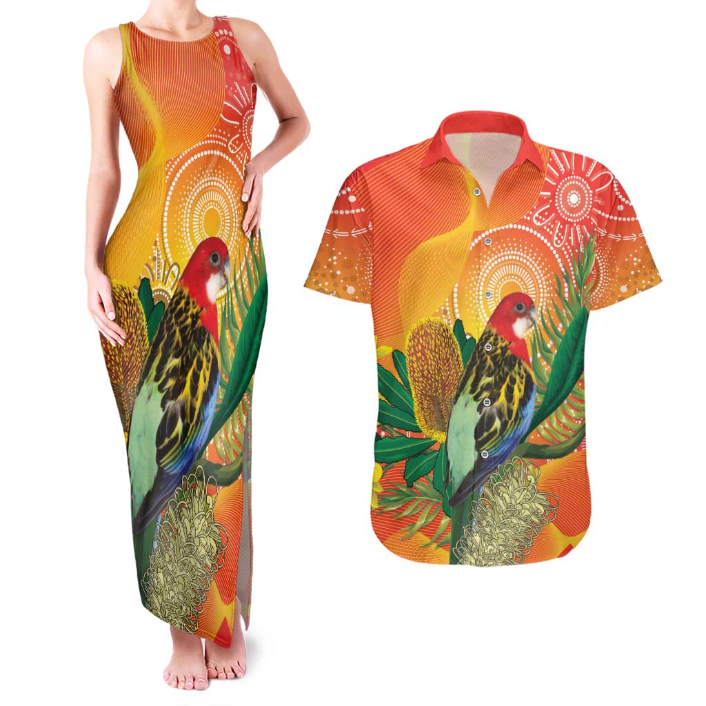 Eastern Rosella Australia Couples Matching Tank Maxi Dress and Hawaiian Shirt Banksia Aboriginal Art - Aussie Hoodie