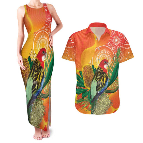 Eastern Rosella Australia Couples Matching Tank Maxi Dress and Hawaiian Shirt Banksia Aboriginal Art - Aussie Hoodie