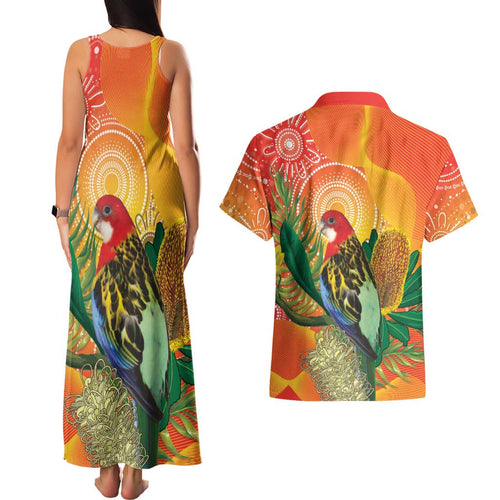 Eastern Rosella Australia Couples Matching Tank Maxi Dress and Hawaiian Shirt Banksia Aboriginal Art - Aussie Hoodie
