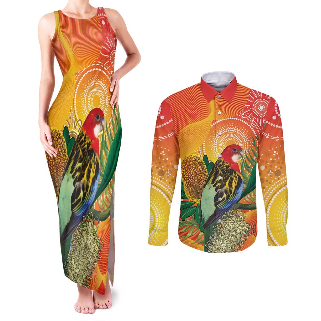 Eastern Rosella Australia Couples Matching Tank Maxi Dress and Long Sleeve Button Shirt Banksia Aboriginal Art - Aussie Hoodie