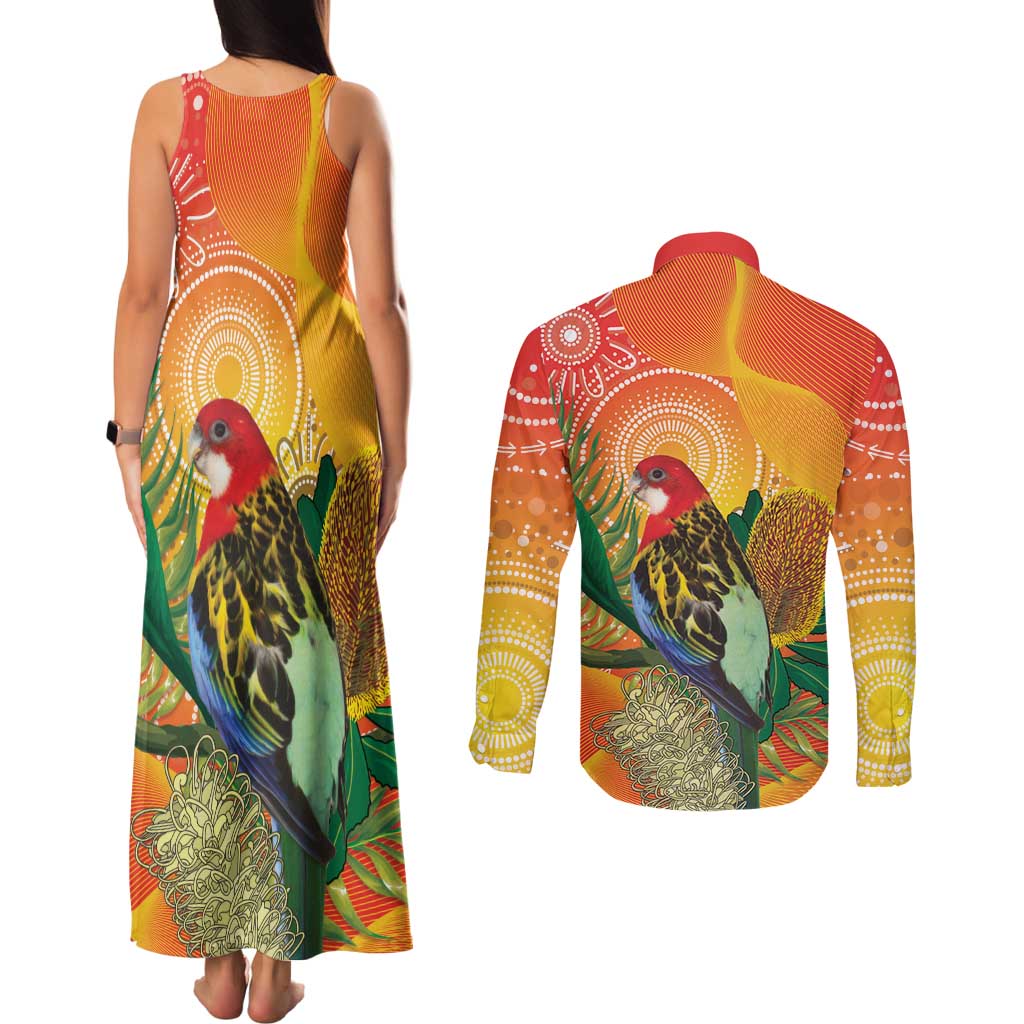 Eastern Rosella Australia Couples Matching Tank Maxi Dress and Long Sleeve Button Shirt Banksia Aboriginal Art - Aussie Hoodie