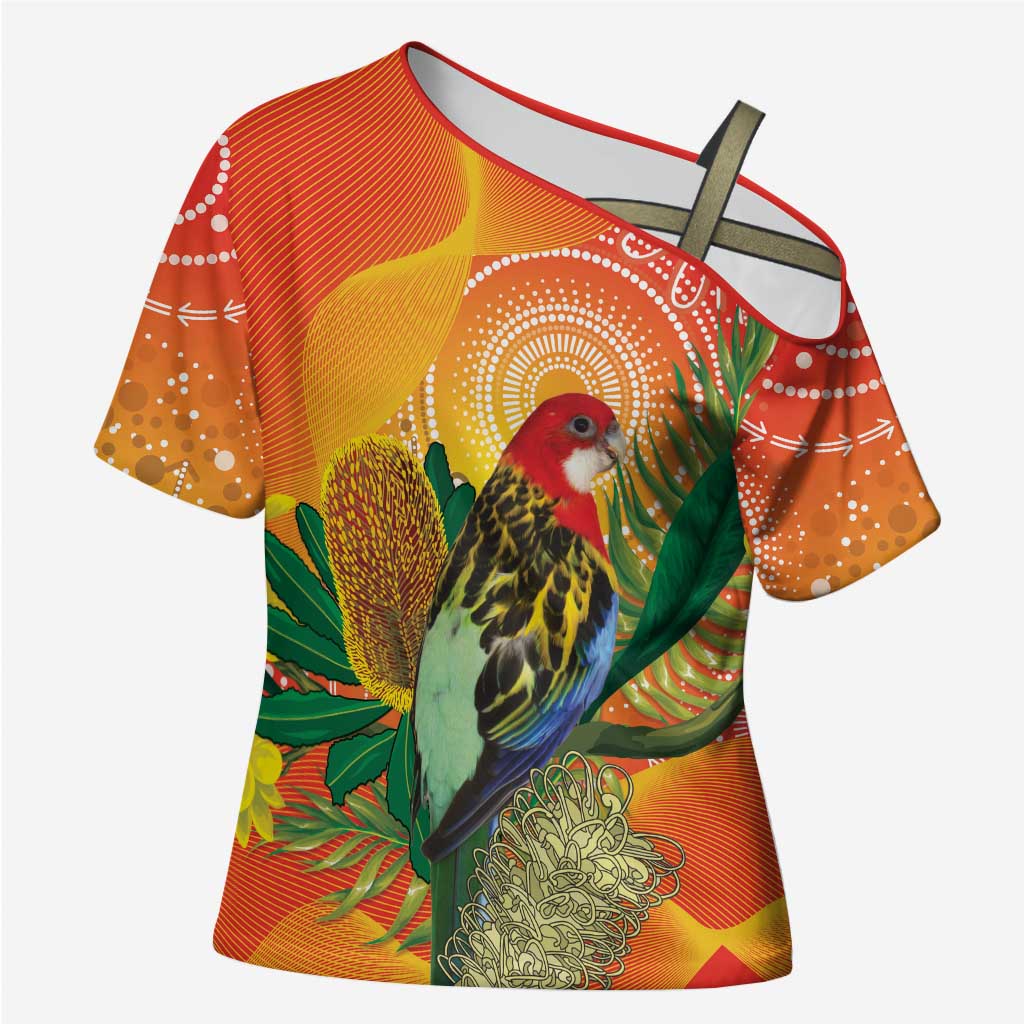 Eastern Rosella Australia Cross Shoulder Shirt Banksia Aboriginal Art - Aussie Hoodie